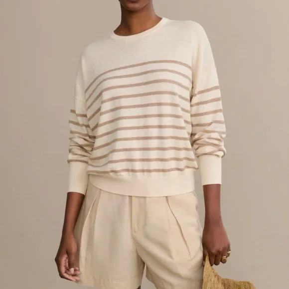 NWOT Jenni Kayne Avery Crewneck Sweater Stripe Cotton Merino Ivory Neutral XS - Picture 1 of 8